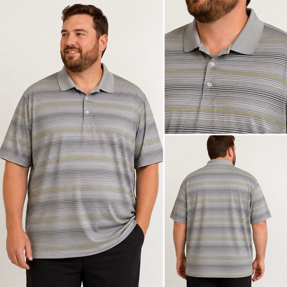 Grand Slam Performance Polo Shirt Mens 3XLT Gray Striped Golf Casual Athletic